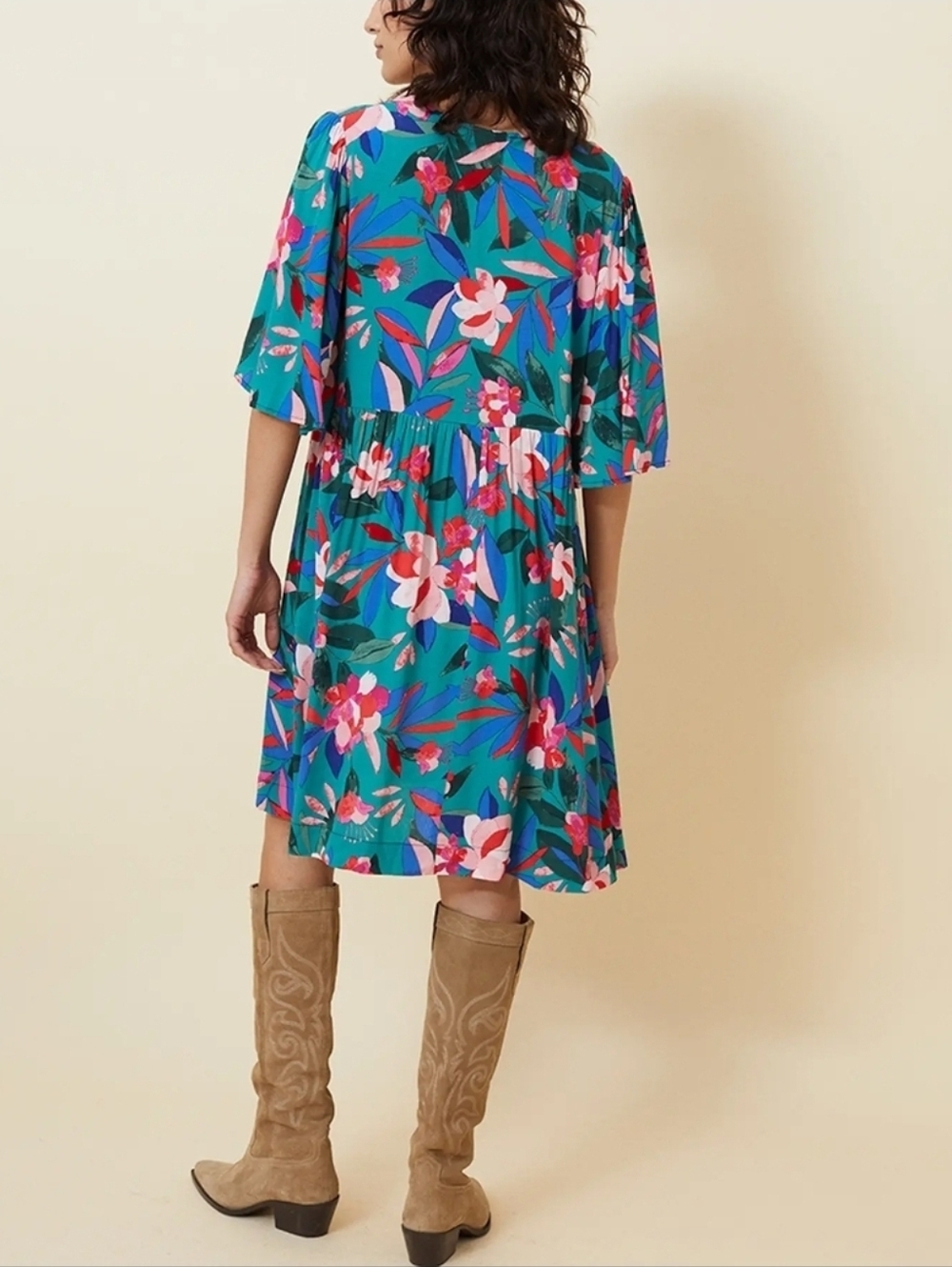 NWT Grace & Mila Teal Floral V-Neck Shift Dress Oversized Boho Cottagecore Flowy - Picture 4 of 12